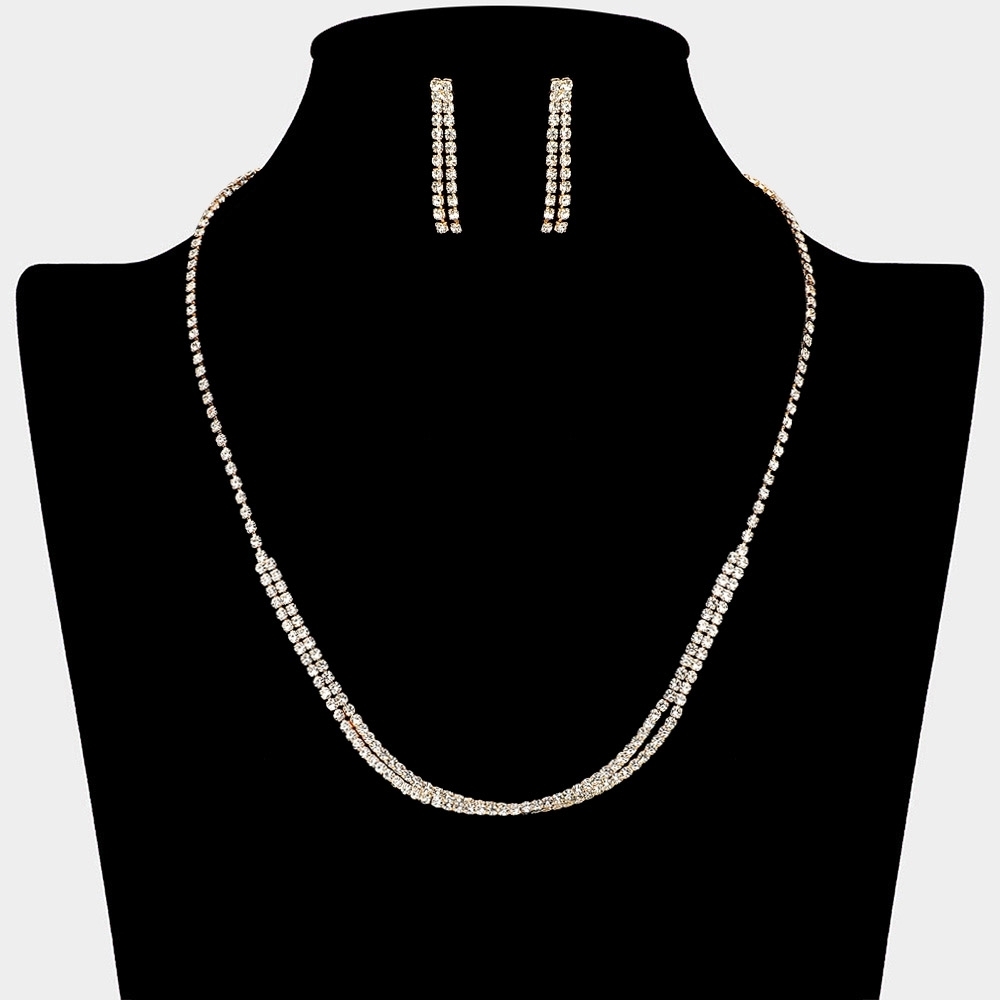 Gold Rhinestone Crystal Dual Strand Multi Layered Necklace Set